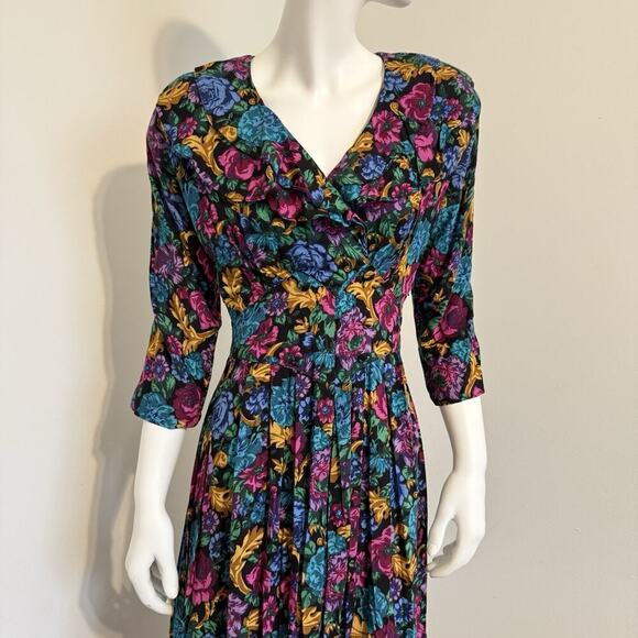 Vintage Sarah Taylor Floral Dress Size 6 80/90s Puff Sleeves - Picture 2 of 16